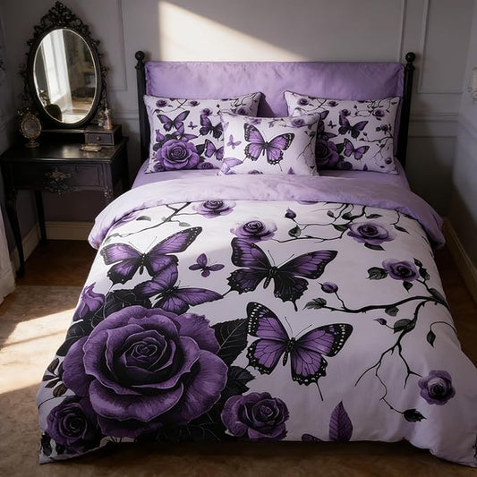 Vintage Floral Comforter Set King Size, Purple Floral Bedding Set for Gothic Bedroom Decor, 3 Pieces Soft Microfiber Lightweight Comforter Set with 2 Pillowcases, 90"x104"