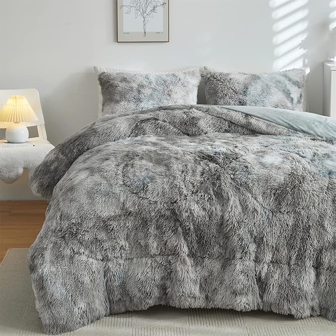 Wajade Faux Fur Plush Tie Dye Grey White Comforter Set Fluffy Fuzzy Shaggy Bedding Set - 3PC Full/Queen Microfiber Soft Warm Quilt Set