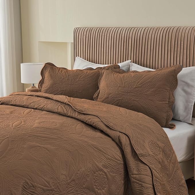 Kingnex Oversized King Bedspreads 128x120 for Extra Wide Tall King or Cal King Bed Ultrasonic Quilted Coverlet Set 3 Piece Include 1 Quilt 2 Pillowcases Coffee