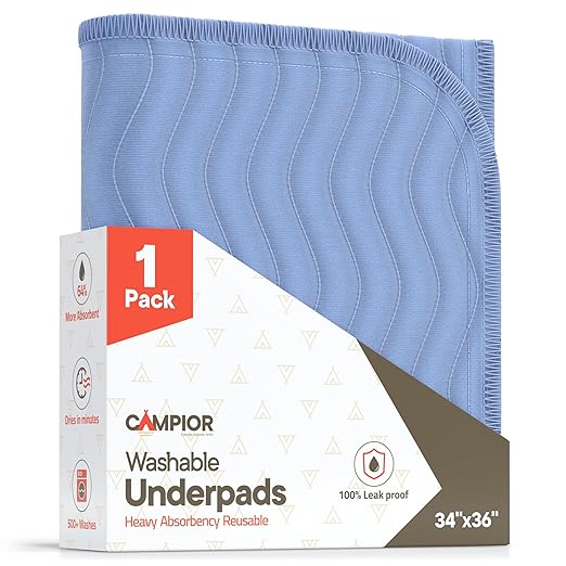 Washable Underpads Large 34"x36" (Pack of 1) – Reusable Waterproof Bed Pads for Adults & Seniors, Extra Heavy Absorbency Incontinence & Bedwetting Pads, Soft Non-Slip TPU Backing, Blue.