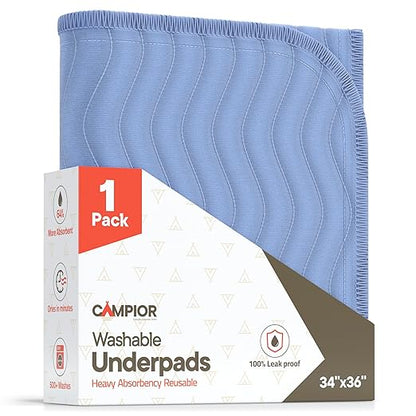 Washable Underpads Large 34"x36" (Pack of 1) – Reusable Waterproof Bed Pads for Adults & Seniors, Extra Heavy Absorbency Incontinence & Bedwetting Pads, Soft Non-Slip TPU Backing, Blue.
