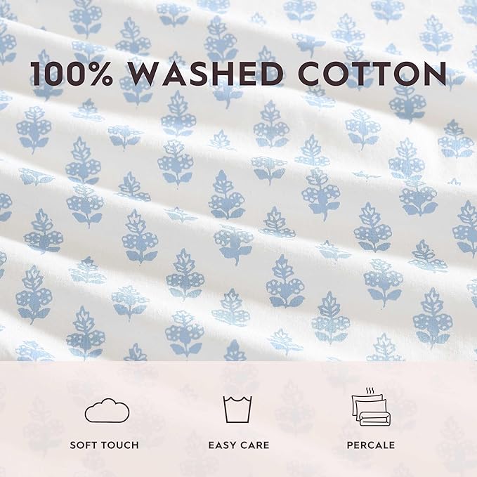 Laura Ashley - King Sheet Set, Crisp & Cool Cotton Percale Bedding with Deep Pockets, Lightweight for Year Round Comfort, Bed Sheets with Matching Pillowcases (Francesca Blue)