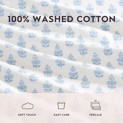 Laura Ashley - King Sheet Set, Crisp & Cool Cotton Percale Bedding with Deep Pockets, Lightweight for Year Round Comfort, Bed Sheets with Matching Pillowcases (Francesca Blue)