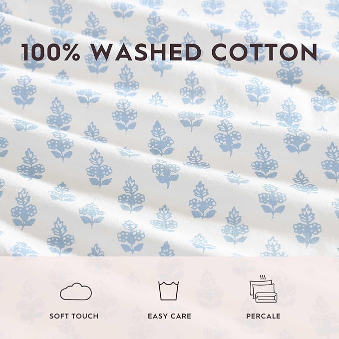 Laura Ashley - Queen Sheet Set, Crisp & Cool Sheets w/a Naturally Smooth Cotton Percale Feel, Deep Pocket, Bed Sheets with Matching Pillowcases & Fitted Sheet (Francesca Blue)