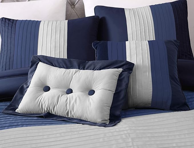 Chezmoi Collection Loft 8-Piece Luxury Striped Comforter Set (King, Navy/Gray/Blue)