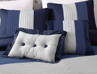 Chezmoi Collection Loft 8-Piece Luxury Striped Comforter Set (Queen, Navy/Gray/Blue)