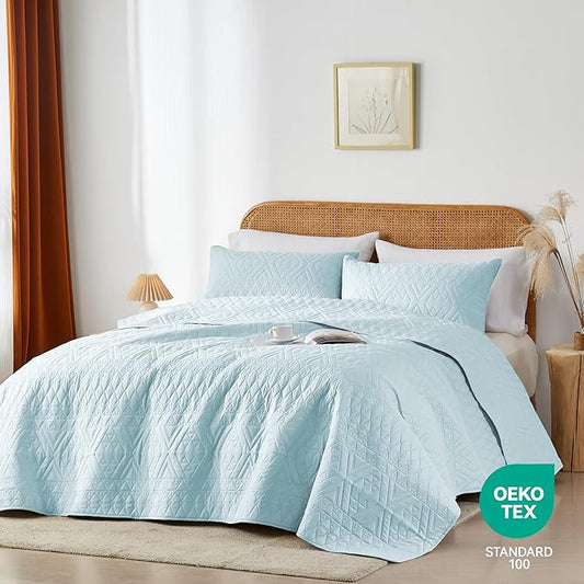akkialla Full/Queen Size Quilt Bedding Set,Sky Blue Lightweight Microfiber Soft Bedspread,Modern Style Geoetric Pattern Coverlet Set for All Seasons,3 Piece(1 Quilt,2 Pillow Shams)