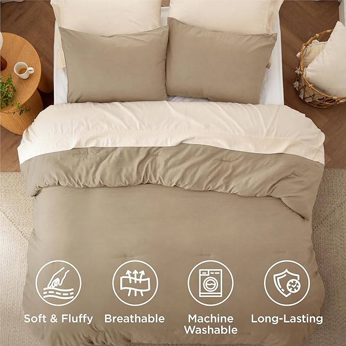 Bedsure Queen Comforter Set, Khaki Soft Prewashed Bedding for All Seasons, 3 Pieces GentleSoft™ Bed Set, 1 Lightweight Comforter (90"x90") and 2 Pillowcases (20"x26")