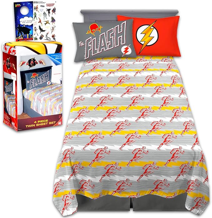 The Flash Bedding Set Full Size Bed - Bundle with DC Comics Flat Sheet, Fitted Sheet, and Pillowcases for Full Bed Plus Stickers, More | The Flash Bedding for Boys