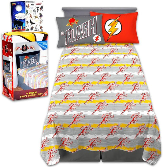 The Flash Bedding Set Full Size Bed - Bundle with DC Comics Flat Sheet, Fitted Sheet, and Pillowcases for Full Bed Plus Stickers, More | The Flash Bedding for Boys