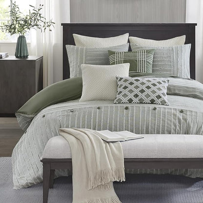 Madison Park Queen Comforter Set Cotton Clipped Jacquard, Oversized Comforters Queen Size Bed, All Season Down Alternative Overfilled Queen Size Comforter, Essence, Full/Queen Green 8 Piece