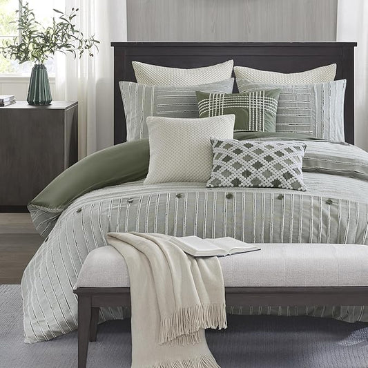 Madison Park Queen Comforter Set Cotton Clipped Jacquard, Oversized Comforters Queen Size Bed, All Season Down Alternative Overfilled Queen Size Comforter, Essence, Full/Queen Green 8 Piece