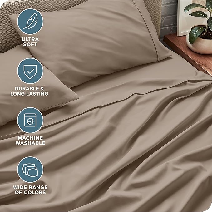 Bare Home Split Head Flex King Sheet Set - 1800 Ultra-Soft Microfiber Bed Sheets - Double Brushed - Deep Pockets - Easy Fit - 4 Piece Set - Bedding Sheets & Pillowcases (Pebble)