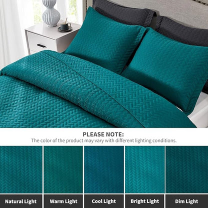 Maple&Stone Quilt Set Queen Size, Lightweight Teal Bedspread Ultrasonic Chevron Pattern Light Coverlet for All Season Comforter Bedding Decor - 3 Piece Full Bed Cover Sets