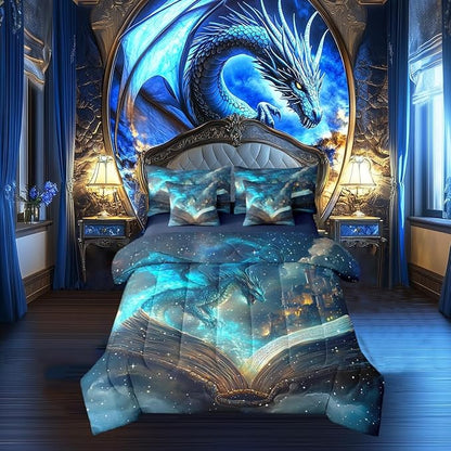 Flying Dragon Bed in a Bag Comforter Set,Magical Book Pattern Queen Size 7 Pieces for Kids Teens,Vintage Mid-Century Castle Bedding Set with Comforter, Sheet Set, Pillowcases, Pillow Covers