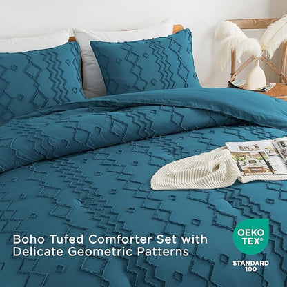 Andency Teal Tufted Comforter Set King(104x90Inch), 3 Pieces(1 Boho Comforter, 2 Pillowcases) Textured Farmhouse Bed Set, Soft Microfiber Down Alternative Geometric Bedding