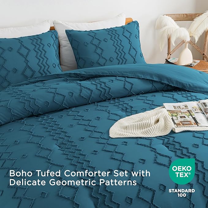 Andency Teal Tufted Comforter Set Full(79x90Inch), 3 Pieces(1 Boho Comforter, 2 Pillowcases) Textured Farmhouse Bed Set, Soft Microfiber Down Alternative Geometric Bedding