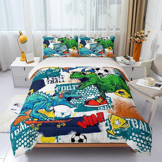 Kid's Dinosaur Comforter Set,Cartoon World Animal Bedding Set Queen Size,All Season Ultra Cozy Comforter Set 3 Pieces with 2 Pillowcases for Adults,Teens,Boys,Girls