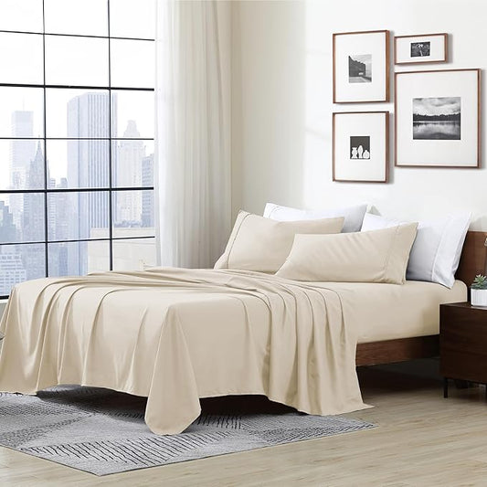 Cathay Home Essentials Ultra Soft Hypoallergenic Wrinkle Resistant Double Brushed Microfiber Bedding Sheet Set, Cream, Twin