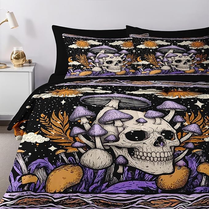 Nesker Comforter Set Full Size, Skeleton Tarot Astrology 7 Pcs Bedding for Kids and Adults, Purple Mushroom Bed Sheet Sets with Fitted Sheet 2 Pillowcases & 2 Shams