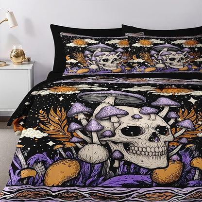 Nesker Comforter Set Twin Size, Skeleton Tarot Astrology 5 Pcs Bedding for Kids and Adults, Purple Mushroom Bed Sheet Sets with Fitted Sheet Pillowcase & Sham