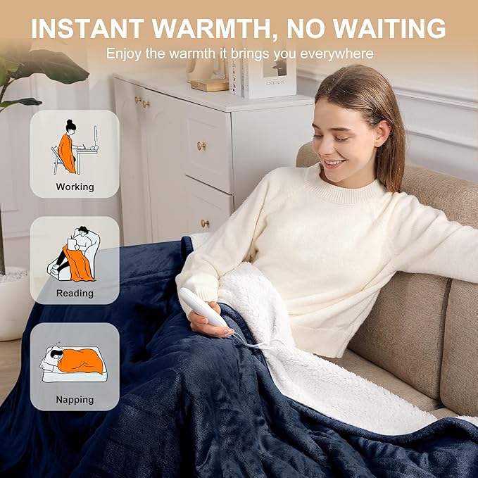 Electric Blanket 62X84in Heated Blanket Twin Size - Fleece Heating Blanket Washable with 5 Heating Level & 10 Hour Auto Off for Office, Chair Heated Blanket for Winter, Great Gift Ideas(Navy Blue)