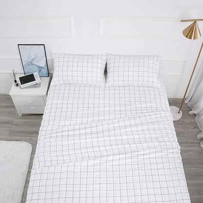 Best Season Printed Plaid Bed Sheet Set 4 Piece- Full Size- Breathable- Super Soft, Deep Pocket,Stain,Fade & Wrinkle Resistant Breathable Bedding Sheets Black Grid