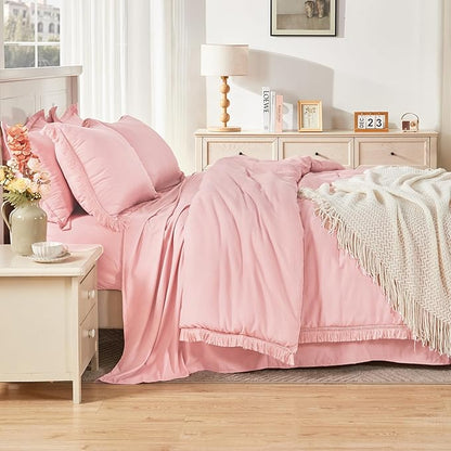 Andency Full Size Comforter Set Light Pink -7 Pieces Boho Tassel Bed in a Bag Soft Lightweight Bedding Sets, Fringe All Season Bed Set with Comforter, Sheets, Pillowcases & Shams