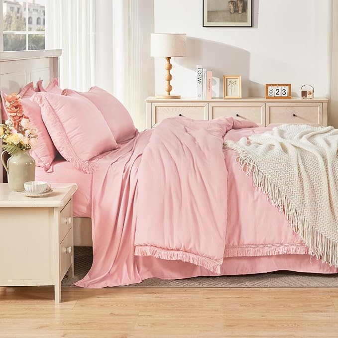 Andency Queen Comforter Set with Sheets Light Pink - 7 Pieces Boho Tassel Bed in a Bag Soft Lightweight Bedding Sets, Fringe Bed Set with Comforter, Sheets, Pillowcases & Shams