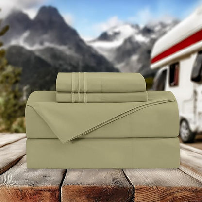 Elegant Comfort Luxurious 1500 Premium Hotel Quality Microfiber Three Line Embroidered Softest 4-Piece Bed Sheet Set, Wrinkle and Fade Resistant, RV Short Queen, Green