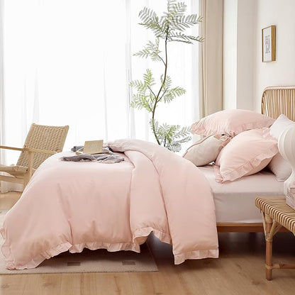 JANZAA Bedding Set, Blush Ruffle 3PCS (1 Comforter Set and 2 Pillow Covers) All Season, Shabby Chic, Vintage, Polyester, King, Soft