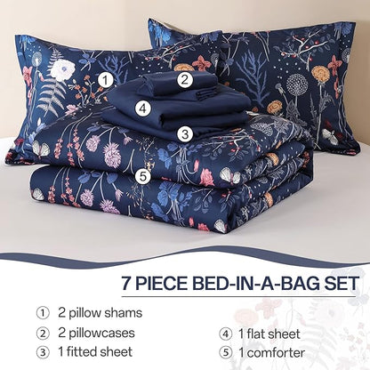 Yiran King Size Comforter Set, 7 Pieces Navy Blue Floral Soft Bedding Sets, King Bed in a Bag with Botanical Flowers Winter Comforter, Sheets, Pillowcases & Shams