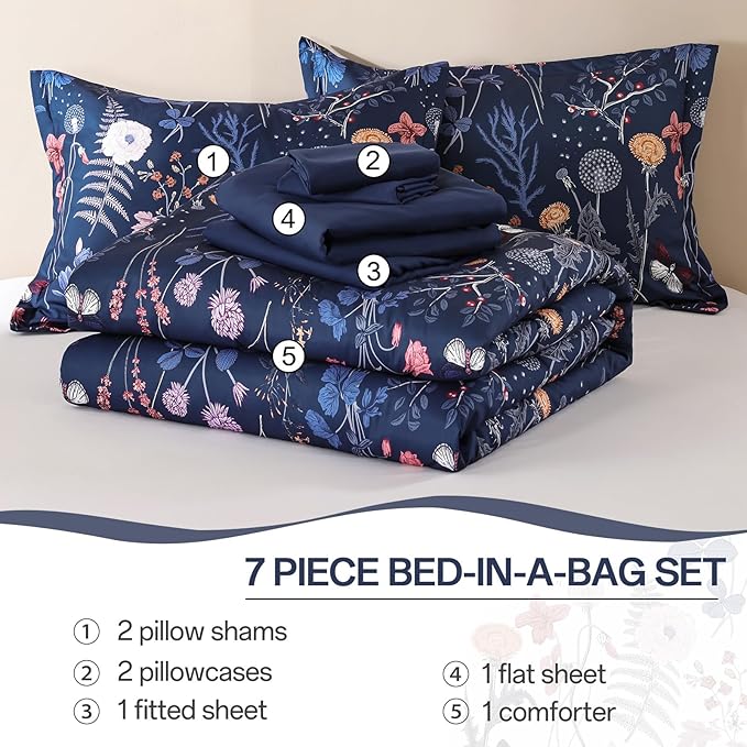 Yiran Queen Comforter Set, 7 Pieces Navy Blue Floral Soft Bedding Sets, Queen Bed in a Bag with Botanical Flowers Winter Comforter, Sheets, Pillowcases & Shams
