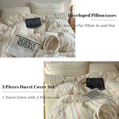 EAVD Colorful Striped Duvet Cover Full Soft 100% Cotton Vintage Pink Green Yellow Stripes Printed Bedding Set with 2 Pillowcases Retro Reversible Geometric Comforter Cover with Zipper Corner Ties
