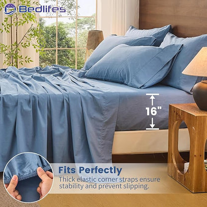 Bedlifes 100% French Pure Linen Sheets California King Size Breathable and Cooling Flax Sheet Set Soft Durable and Moisture Wicking 16 Inch Deep Pocket-4 Piece(Cal King,Flint Blue)