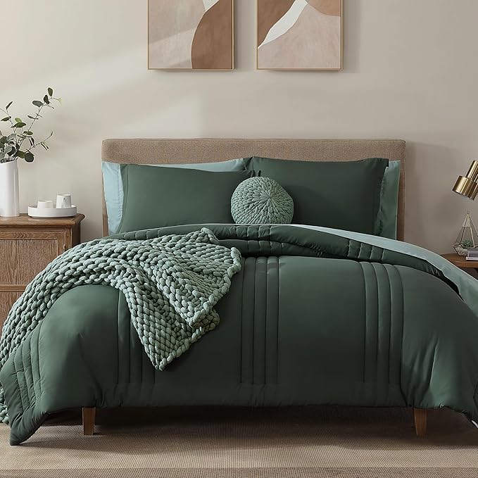 Monbix Oversized King Size Comforter Set - 7 Pieces Deep Forest Bed in a Bag Oversized King Bedding Sets with Comforters, All Seasons Comforter Bed Set with Sheets, Pillowcases & Shams