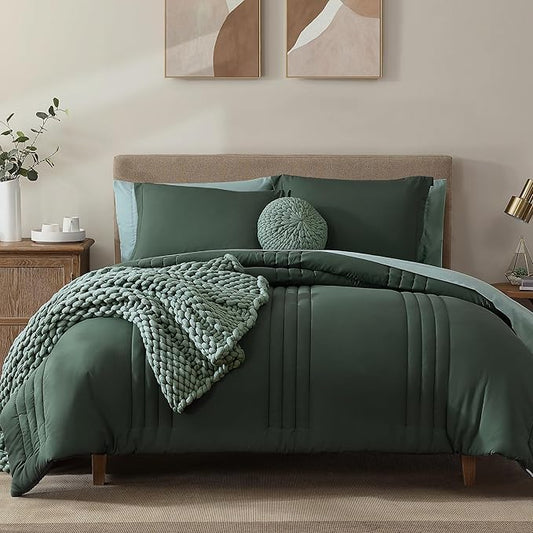 Monbix Queen Comforter Set - 7 Pieces Deep Forest Bed in a Bag Queen Bedding Sets with Comforters, All Seasons Comforter Bed Set with Sheets, Pillowcases & Shams