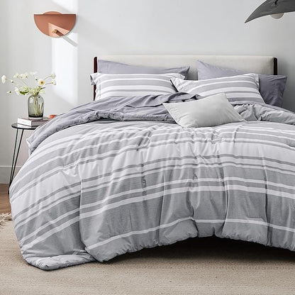 Bedsure King Comforter Set 7 Pieces, Grey Striped Bedding Set for All Seasons, Reversible, Cationic Dyeing Bed in a Bag with Comforter, Sheets, Pillowcases & Shams