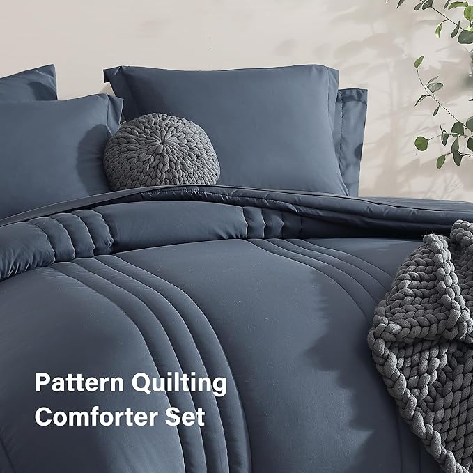 Monbix Full Size Comforter Set - 7 Pieces Blue Grey Bed in a Bag Full Size Bedding Sets with Comforters, All Seasons Comforter with Sheets, Pillowcases & Shams