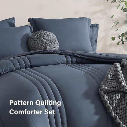 Monbix Full Size Comforter Set - 7 Pieces Blue Grey Bed in a Bag Full Size Bedding Sets with Comforters, All Seasons Comforter with Sheets, Pillowcases & Shams