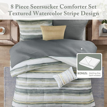 Madison Park Marina Comforter Quilt Combo Set - Modern Luxury Design, All Season Down Alternative Bedding, Matching Shams, Decorative Pillows, Full/Queen(90"x90"), Yellow 8 Piece