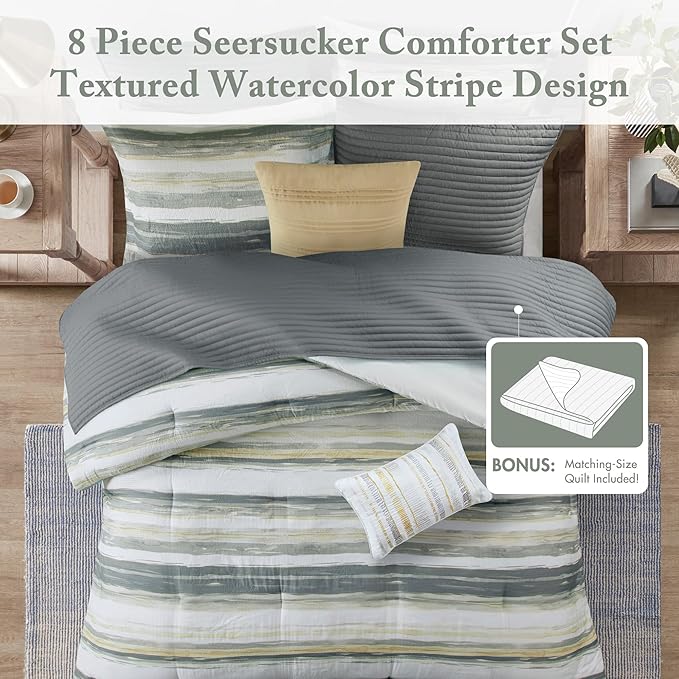 Madison Park Marina Comforter Quilt Combo Set - Modern Luxury Design, All Season Down Alternative Bedding, Matching Shams, Decorative Pillows, King/Cal King(104"x92"), Yellow 8 Piece