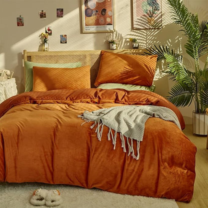 CLOTHKNOW Terracotta Velvet Twin/Twin XL Comforter Set 3Pcs Rust Fluffy Bedding Comforter Sets Soft Caramel Comforter with 2 x Pillow Cases