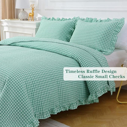 Spa Blue White Ruffle Gingham Quilt Set Queen Size with 2 Pillow Shams, 100% Washed Cotton Yarn-Dyed Quited Bedspread Farmhouse Bedding Set (Spa Blue, Queen) | Ruffle, gingham sheets