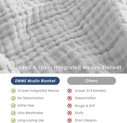 EMME Cotton Muslin Twin Blanket Breathable Gauze Soft Lightweight Gifts for Women All Season Pre-Washed (Light Grey, 60"x80")