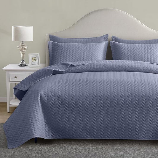 Maple&Stone Quilt Set Queen Size, Mineral Blue Lightweight Bedspread Ultrasonic Chevron Pattern Light Coverlet for All Season Comforter Bedding Decor - 3 Piece Queen Bed Cover Sets