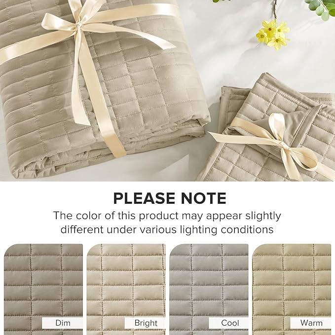 Comfort Spaces Queen Quilt Set Modern Reversible Plaid Coverlet Queen Bedding Set Cozy Quilted Winter Layer, All Season Lightweight Soft Queen Size Quilt, Kienna, Full/Queen Beige 3 Piece