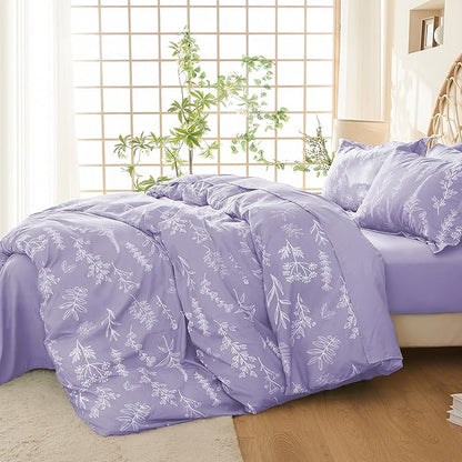 MUXHOMO Duvet Cover King Size, Reversible Floral Lavender Duvet Cover Set with Zipper Closure, 3 Pieces Botanical Patterns Soft Microfiber Bedding Set (90"x104", 2 Pillow Cases 20"×36")