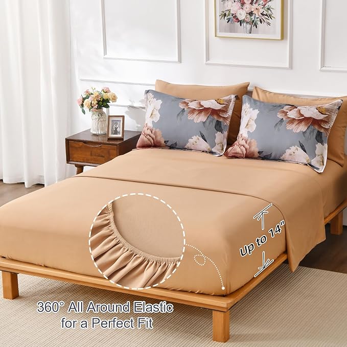 Dobuyly Floral Comforter Set King Size, Brown Flower Printed on Grey Comforter Set with Sheets, 7 Piece Botanical Bed in a Bag, Soft Microfiber Farmhouse Bedding Set for All Season