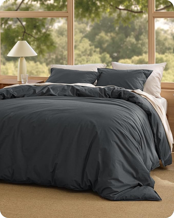 Bedsure Cotton Duvet Cover King - Luxury Slub Weave 100% Cotton Duvet Cover Set, PureWoven Bedding Set with a Linen Like Textured, Easy Change, Charcoal, 104" x 90"